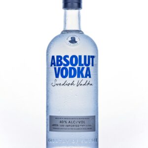A clear, cold Absolut Vodka bottle with condensation drops, isolated on white.