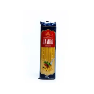 premium quality jambo spaghetti 500 g is a dry pasta product made from 100 % durum wheat semolina, offering long, thin strands that cook to a firm, al dente texture and pair well with a wide range of sauces — from classic tomato and meat sauces to olive oil‑ and herb‑based dressings — making it a versatile staple for everyday meals. the premium designation typically refers to the quality of ingredients and consistent texture that holds sauces nicely